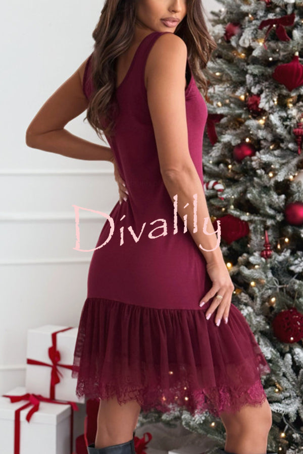 Breezy City Tulle Lace Tiered Hem Stretch Tank Mini Dress