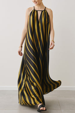 Striped Print V-Neck Loose Beach Vacation Maxi Dress