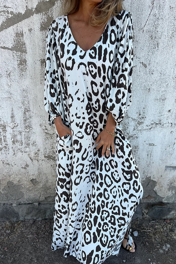 Leopard Print Loose V-neck Pocket Holiday Style Maxi Dress