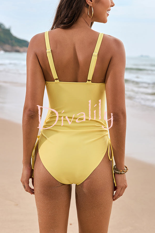 Solid Color Drawstring Waist Mesh One-Piece Bikini Swimsuit