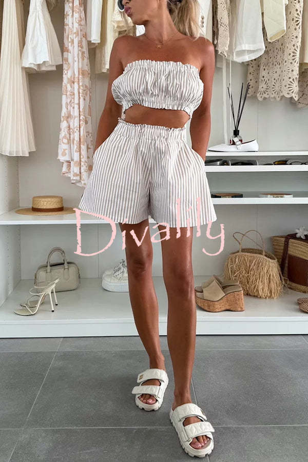 Zoie Striped Stretch Bandeau + Elastic Waist Pocket Shorts + Oversized Blouse 3 Pieces Set