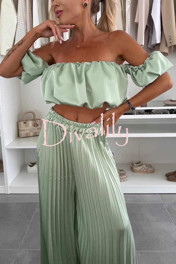 Jorie Satin Off Shoulder Puff Sleeve Crop Top and Elastic Waist Pleated Wide Leg Pants Set