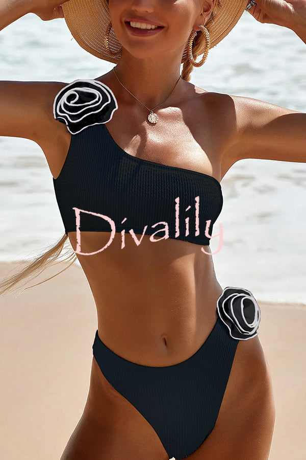 Solid Color Three-dimensional Flower Fashion One Shoulder Stretch Bikini Swimsuit