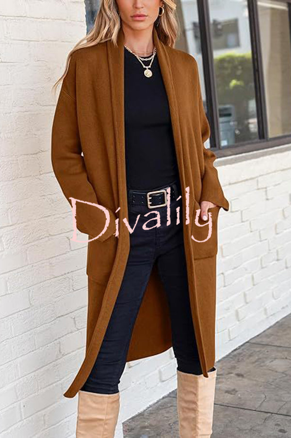 Solid Color Long-sleeved Casual Loose Pocket Mid-length Cardigan
