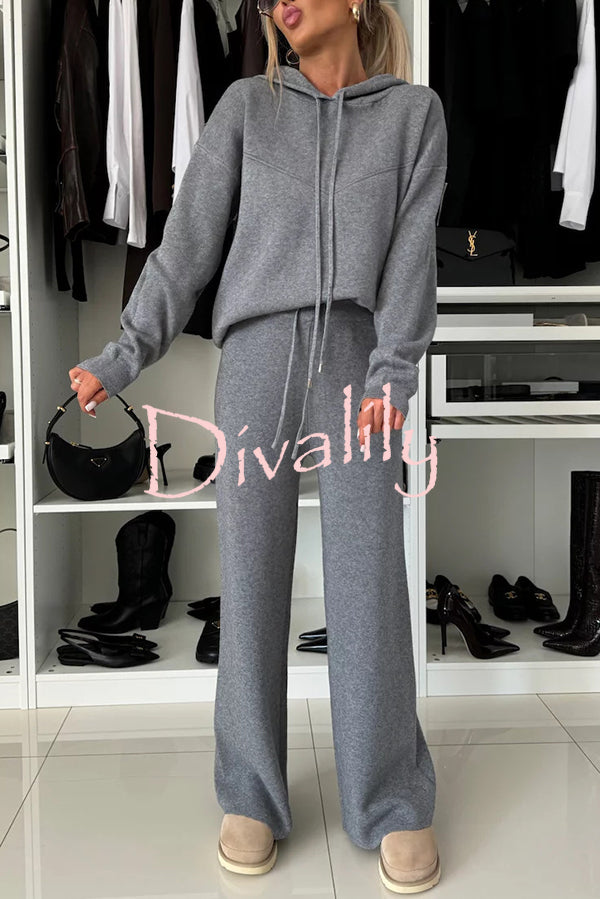 Solid Color Loose Hooded Tie Sweatshirt and Elastic Waist Casual Straight Pants Set