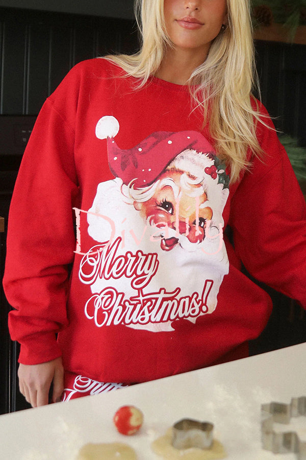 Christmas Santa Print Loose Round Neck Sweatshirt and Elastic Waist Casual Pants Set