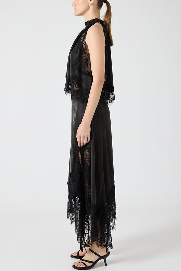 Modern Muse Satin Lace Trim Pleated Neck Top and A-line Irregular Slit Skirt Set