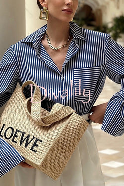 Striped Print Ruffled Long Sleeve Pockets Loose Shirt