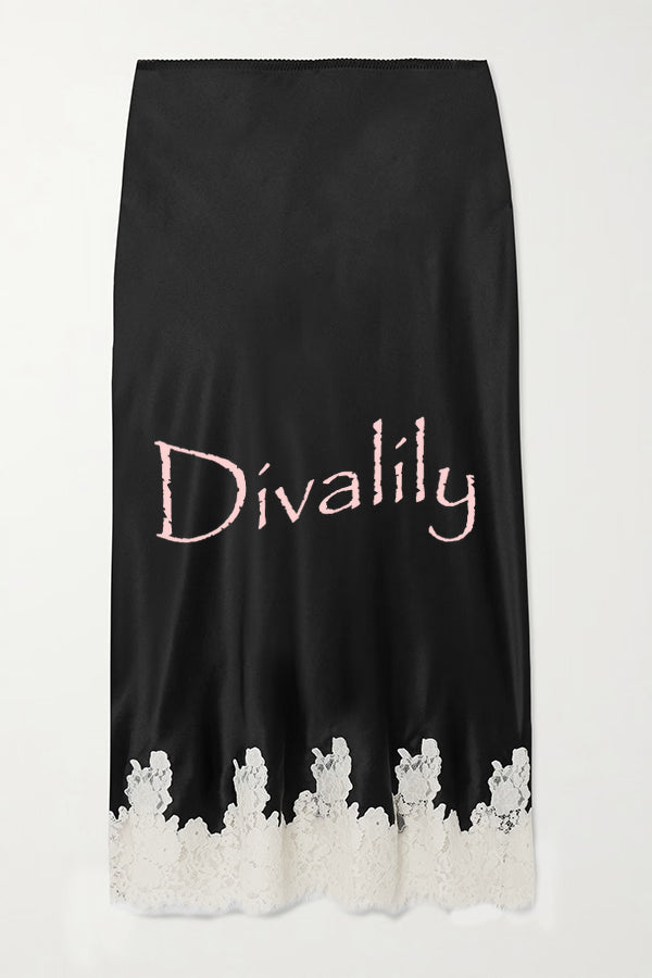 Celebration Look Contrast Color Satin Lace Trim Elastic Waist Drape Midi Skirt