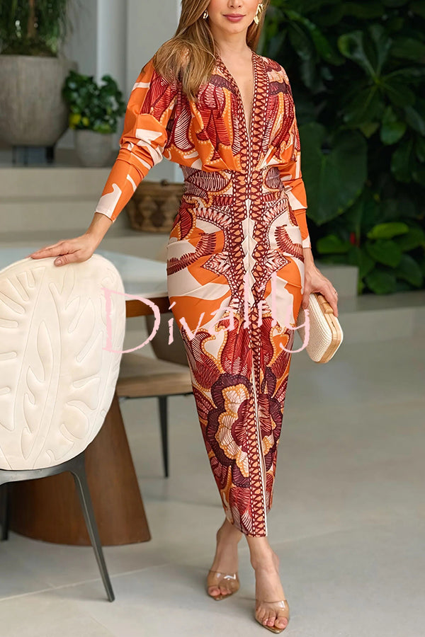 Brazilian Style Unique Print Dolman Long Sleeve Ruched Slit Midi Dress