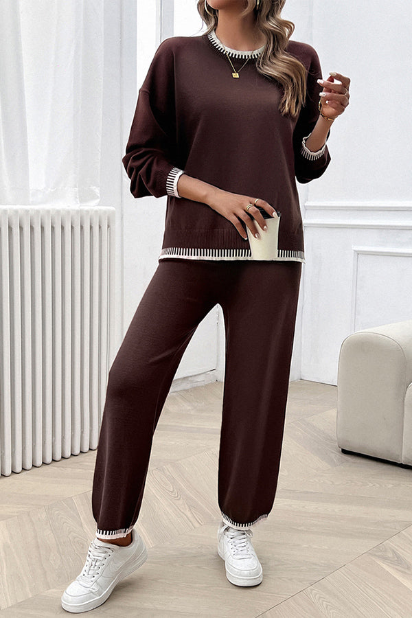 Home Casual Contrasting Color Knitted Sweater and Elastic Waist Loose Pants Set