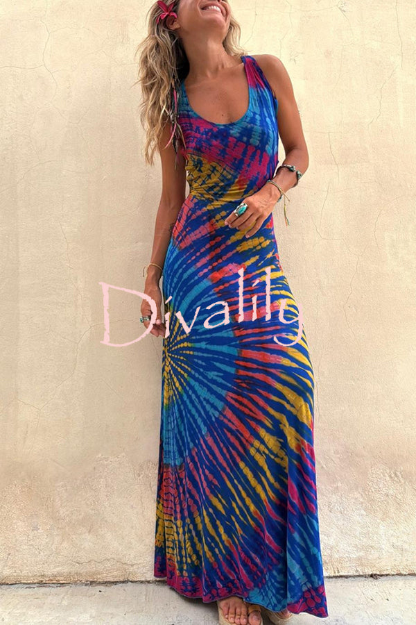 Coastal Crush Tie-dye Print Back Lace-up Stretch Maxi Dress