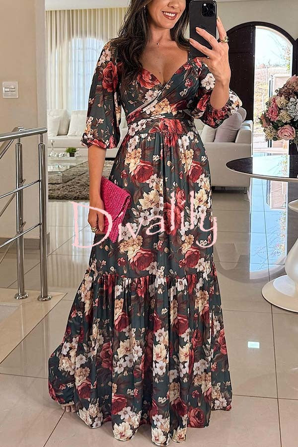 Raiene Floral Print Off Shoulder Tie-up Back Smocked Party Maxi Dress