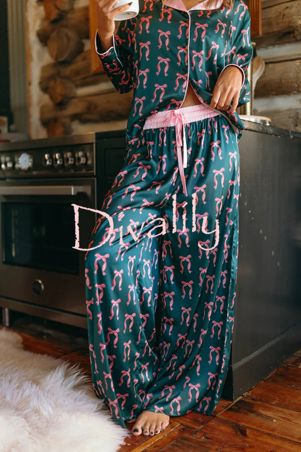 Satin Bow Print Long sleeve Loose Shirt and Elastic Waist Tie Loose Pants Set