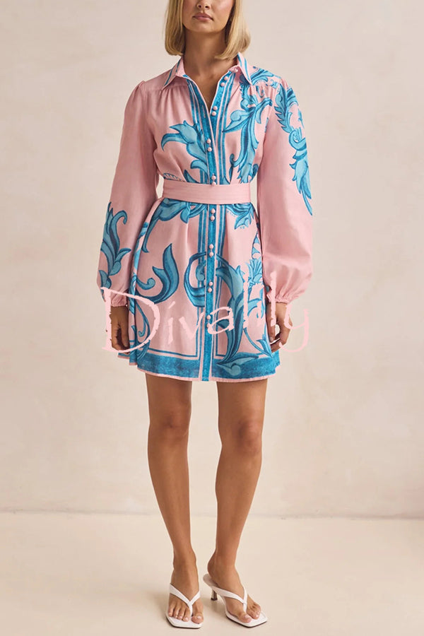 Botanical Print Lapel Puff Sleeve Vintage Belt Loose Mini Dress