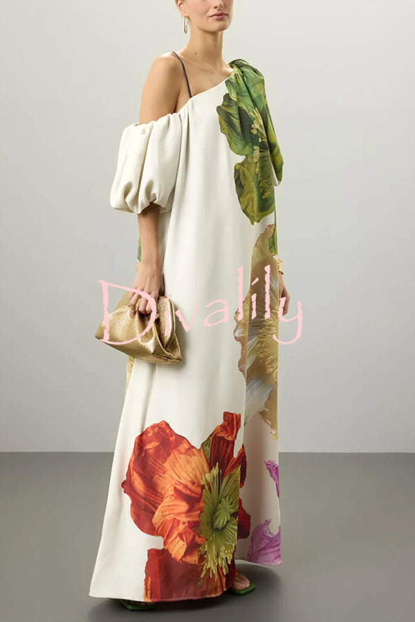Floral Print Slant Collar Puff Sleeves Loose Holiday Maxi Dress