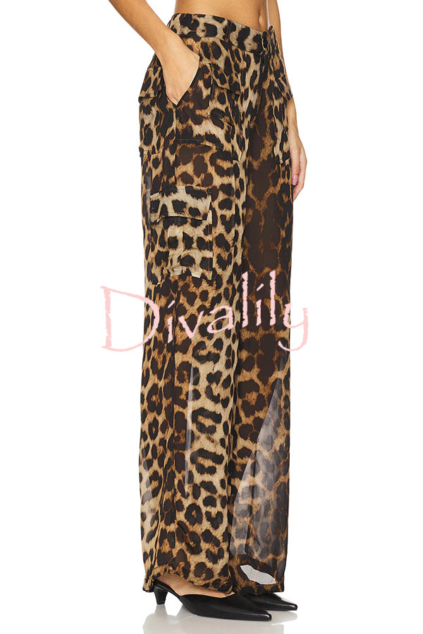 Minka Chiffon Leopard Elastic Waist Pocketed Loose Cargo Pants