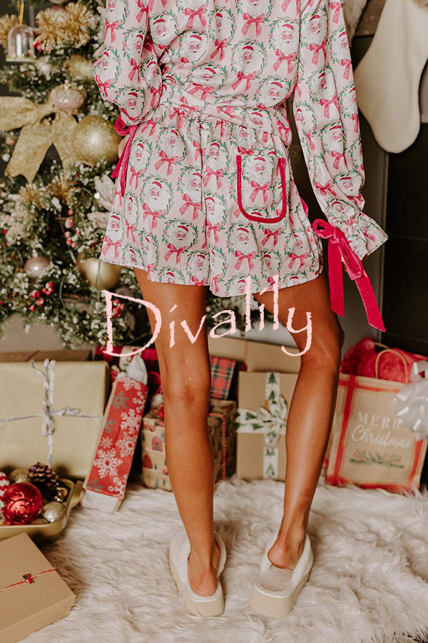 Christmas Dreaming Satin Santa Print Velvet Trim Elastic Waist Pocketed Pajama Shorts Set