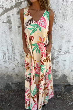 Botanical Print V-Neck Pocket Loose Casual Maxi Dress
