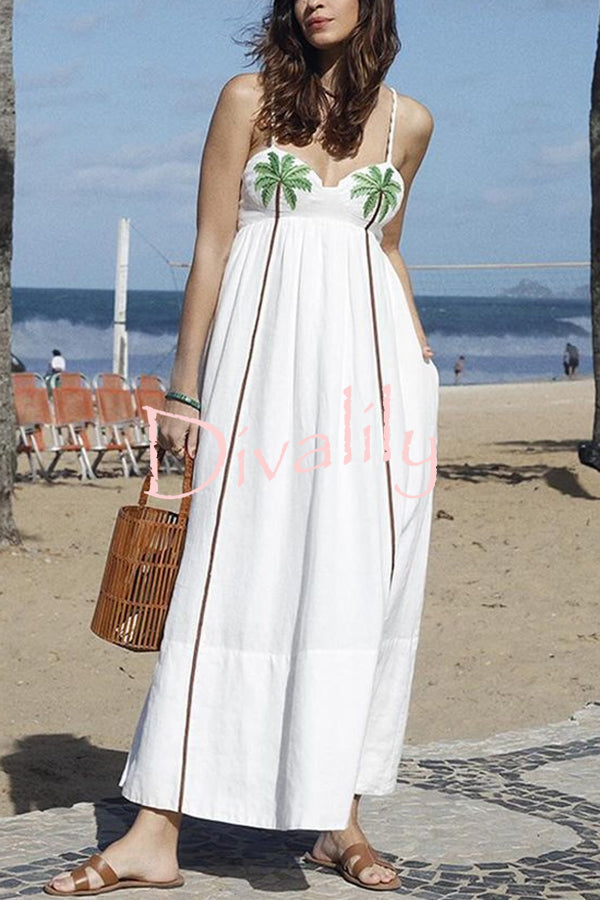 Coconut Tree Print Suspender Backless Large Hem Maxi Dress