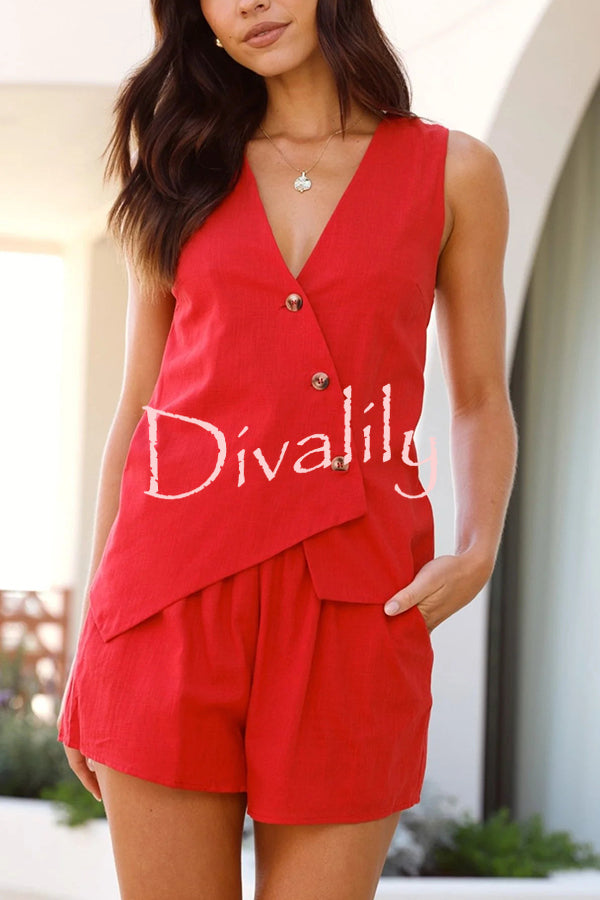 Solid Color Sleeveless V-neck Asymmetric Top and Elastic Waist Loose Pocket Shorts Set