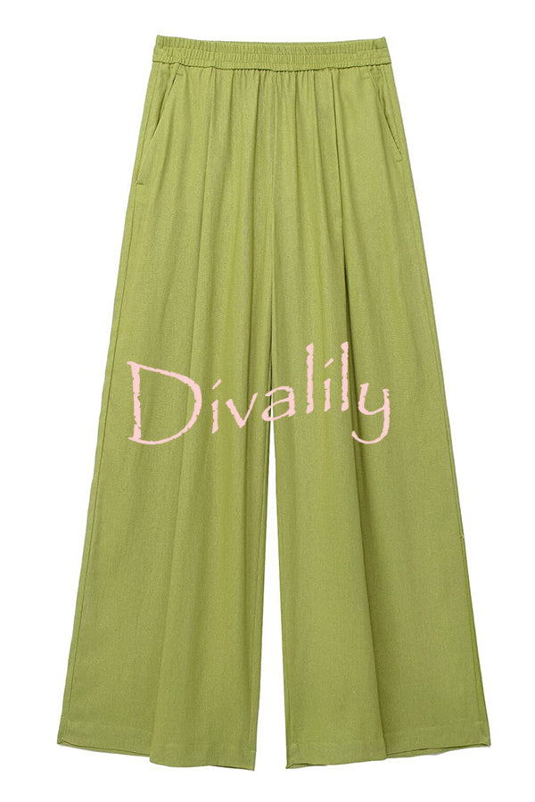 Solid Color Loose Casual Shirt and Elastic Waist Pocket Wide Leg Pants Set