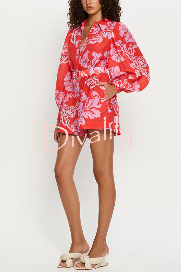 Linen Blend Botanical Print Lapel Puff Sleeve Loose Tie Casual Rompers