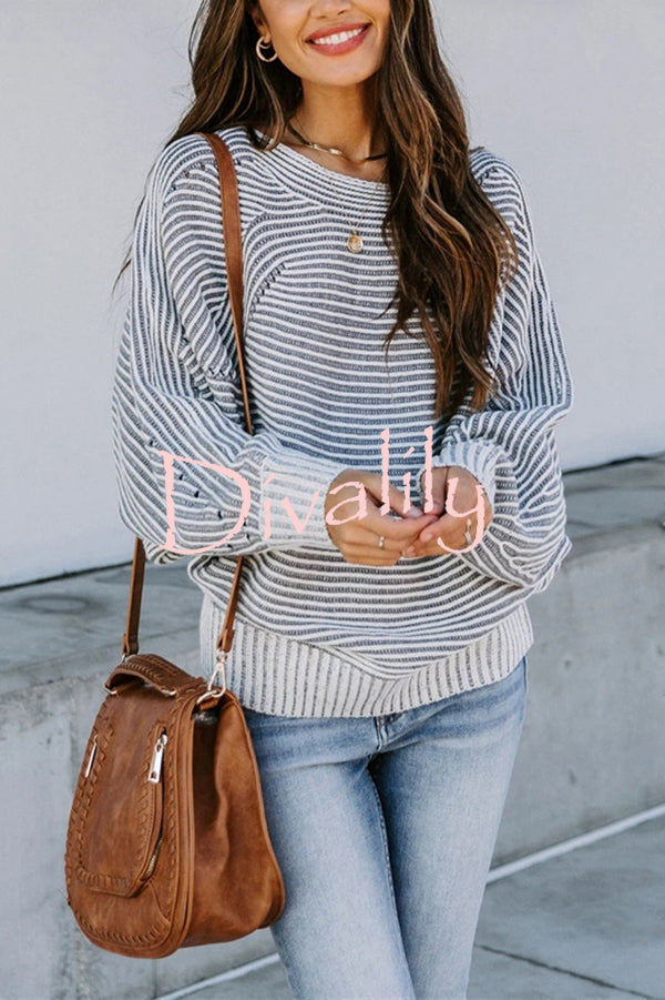 Knitted Striped Round Neck Dolman Sleeve Casual Loose Sweater