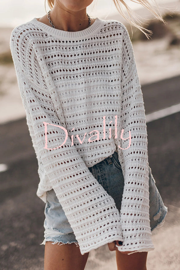 Living Easy Knit Bell Sleeve Hollow Out Relaxed Top