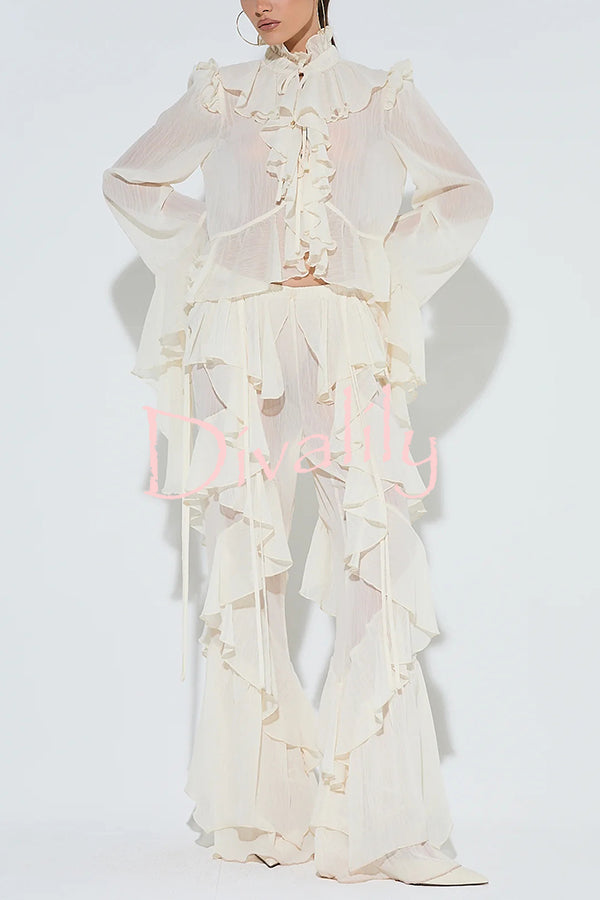 Fashionable Ruffled Elastic Waist Holiday Style Flared Pants