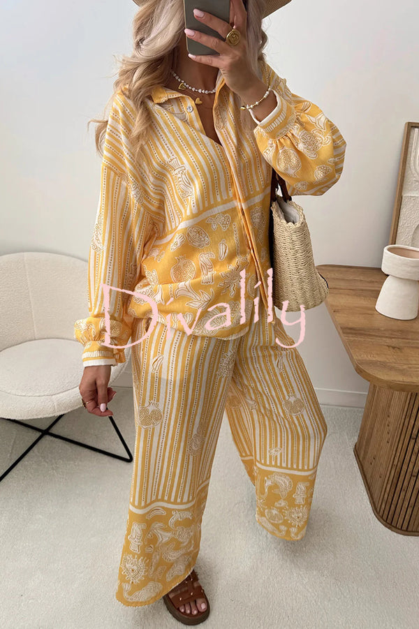 Holiday Style Unique Print Long Sleeve Lapel Loose Shirt and Elastic Waist Casual Pocket Pants Set