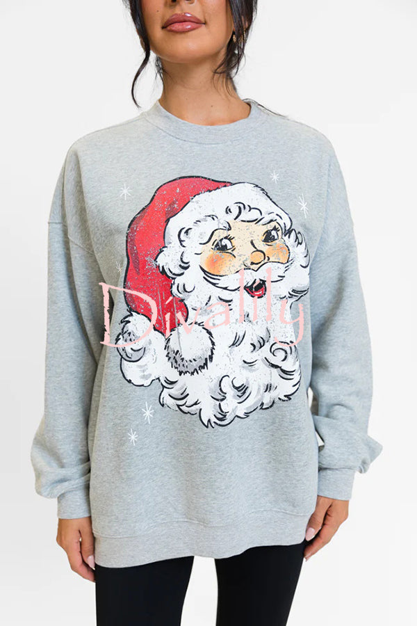 Christmas Cartoon Santa Claus Print Long Sleeve Loose Sweatshirt