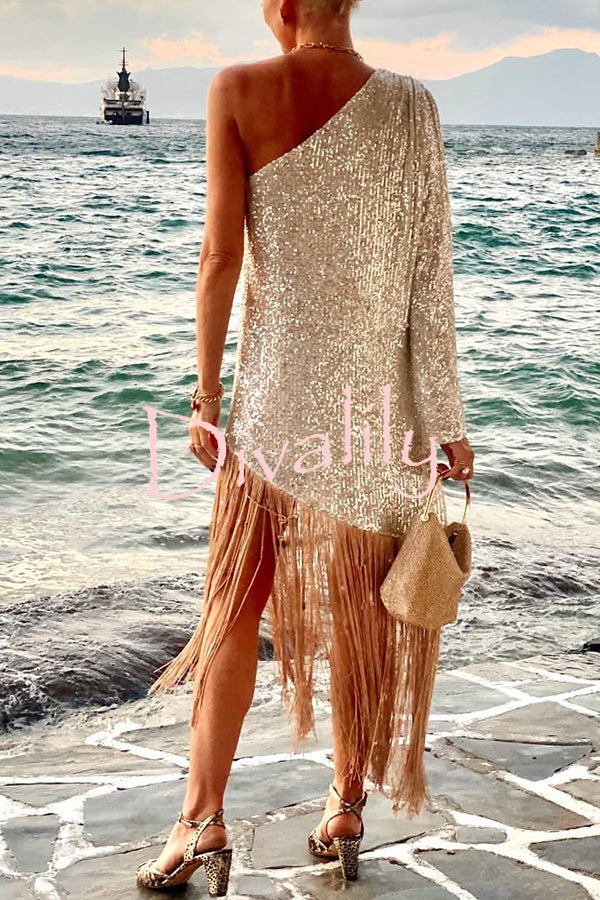 Anika Sequin One Shoulder Sleeve Tassel Hem H-line Midi Dress