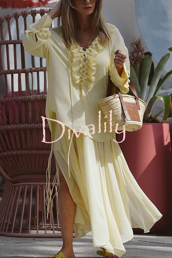 Solid Elastic Waist Drawstring Maxi Skirt