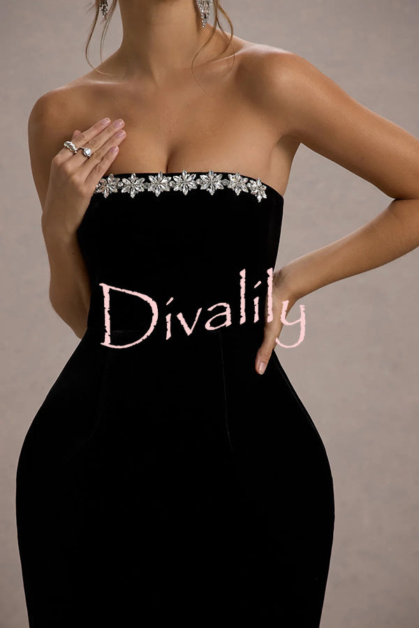 Effortlessly Elegant Velvet Jewel Embellished Trim Bandeau Mini Dress