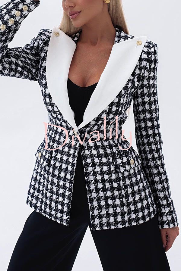 Sensibly Chic Houndstooth Tweed Fabric Long Sleeve Lapel Blazer