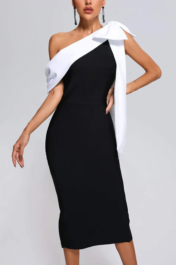 Elegant Evening Look One Shoulder Bandage Bow Stretch Midi Dress