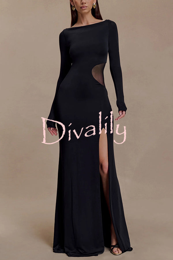 Fashion Long-sleeved Slim Sexy Hollow Slit Maxi Dress