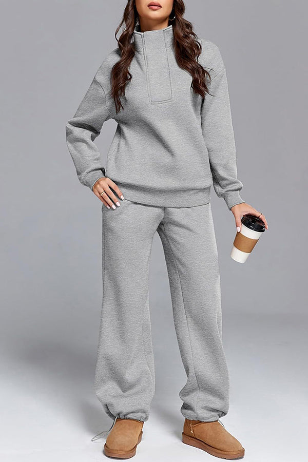 Solid Color Long-sleeved Lapel Sports Sweatshirt and Elastic Waist Casual Pocket Pants Set