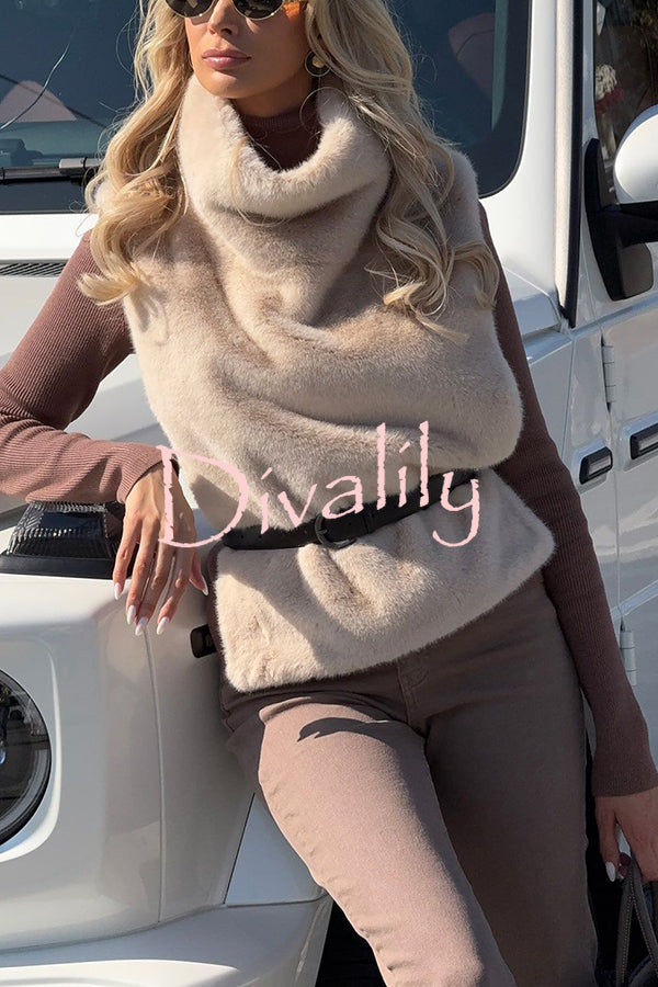 Warm and Stylish Shaggy Eco-fur Stand Collar Side Slit Vest