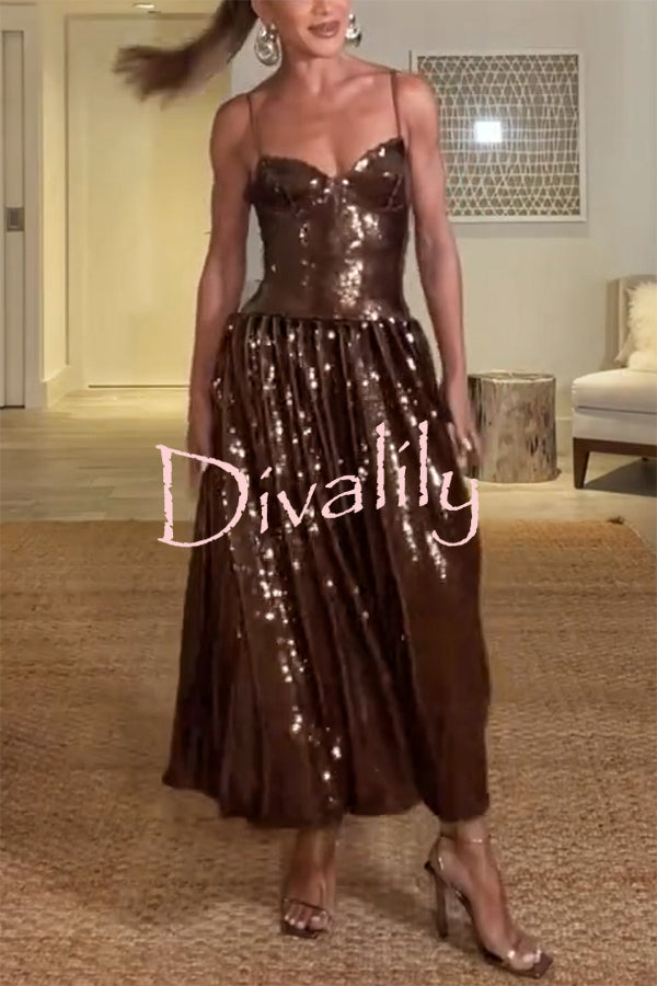 Enchanted Night Sequin Low-cut Corset Balloon Hem Slip Midi Dress