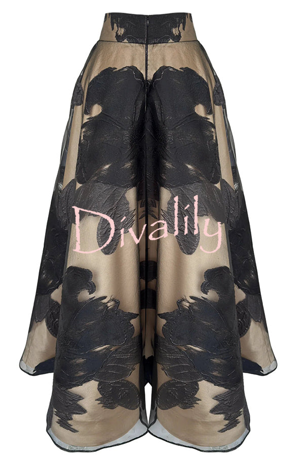 Chic Celebration Tulle Floral Pattern Jacquard High Rise Flared Maxi Skirt