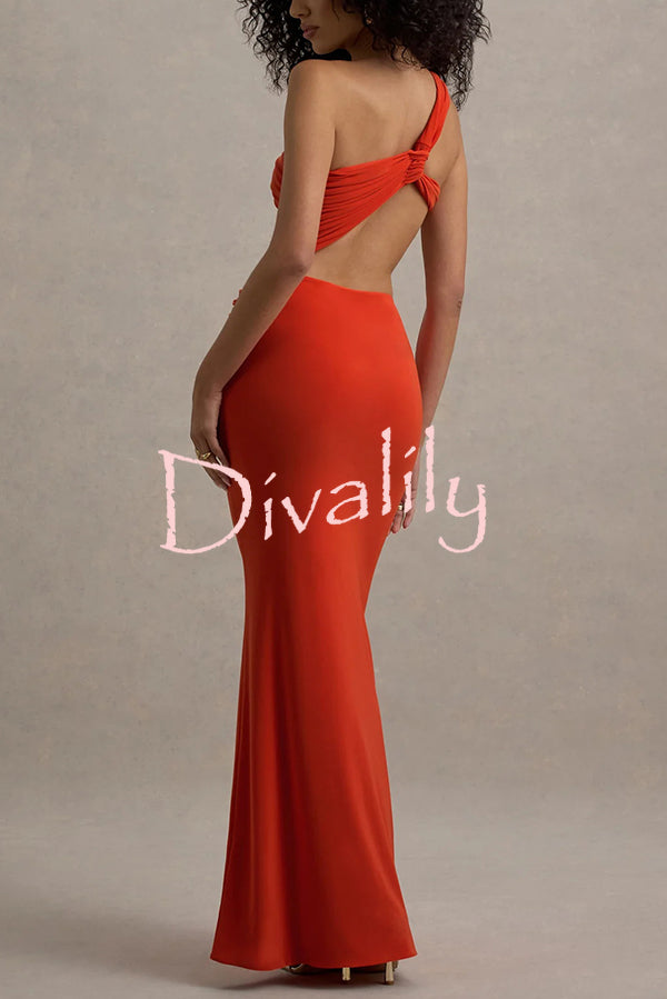 Sexy One-shoulder Backless Ribbon Pleated Slim Maxi Dress