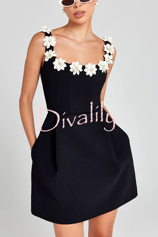 Cindy Faux Pearl Flower Applique Square Neck Pocketed Mini Dress