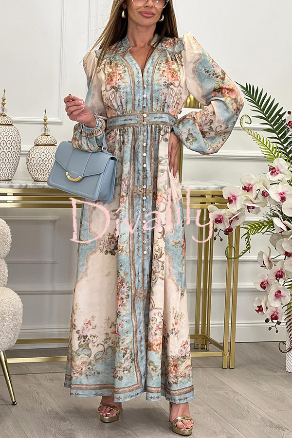 Fresh Pickings Floral Bohemian Print Balloon Sleeve Button Up Maxi Dress