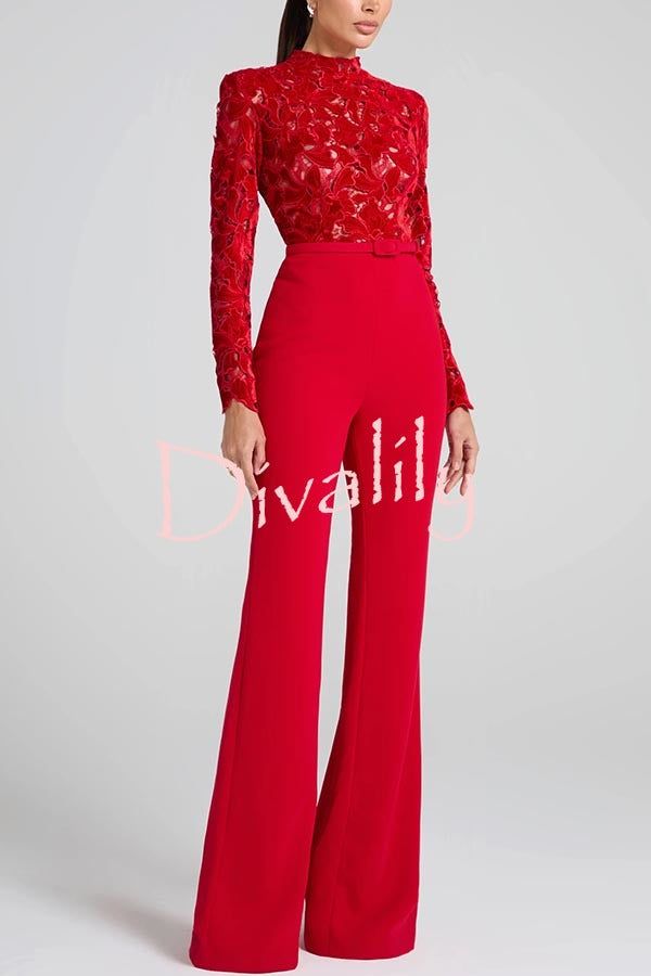 Eleanor Embroidered Floral Lace Long Sleeve Patchwork Belt Flare Jumpsuit