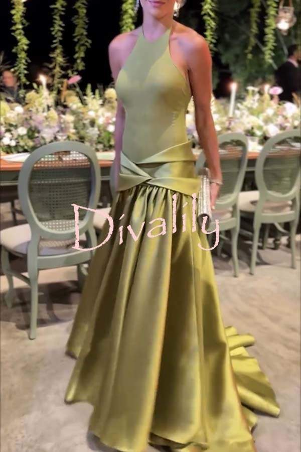 Grand and Shining Knit Patchwork Ruched Satin Halter Stretch Maxi Dress