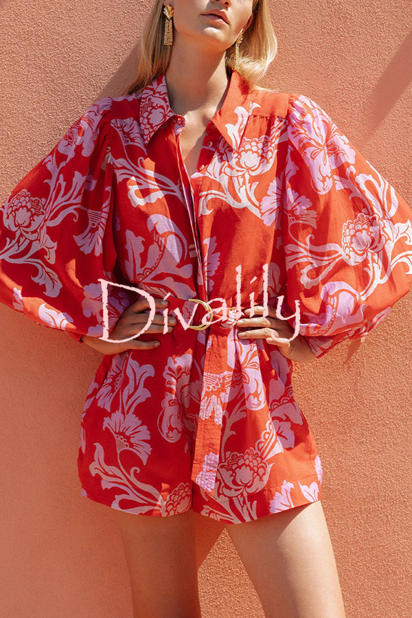 Linen Blend Botanical Print Lapel Puff Sleeve Loose Tie Casual Rompers
