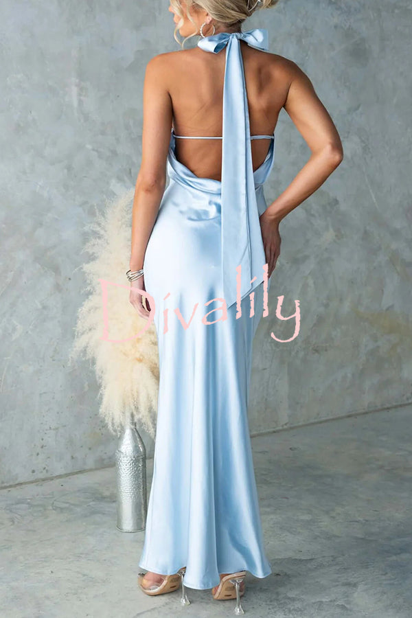 Satin Fashion Halter Backless Slim Elegant Maxi Dress