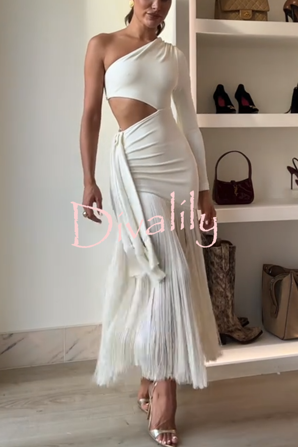 Amazing Type One Shoulder Cutout Drape Tassle Trim Stretch Maxi Dress